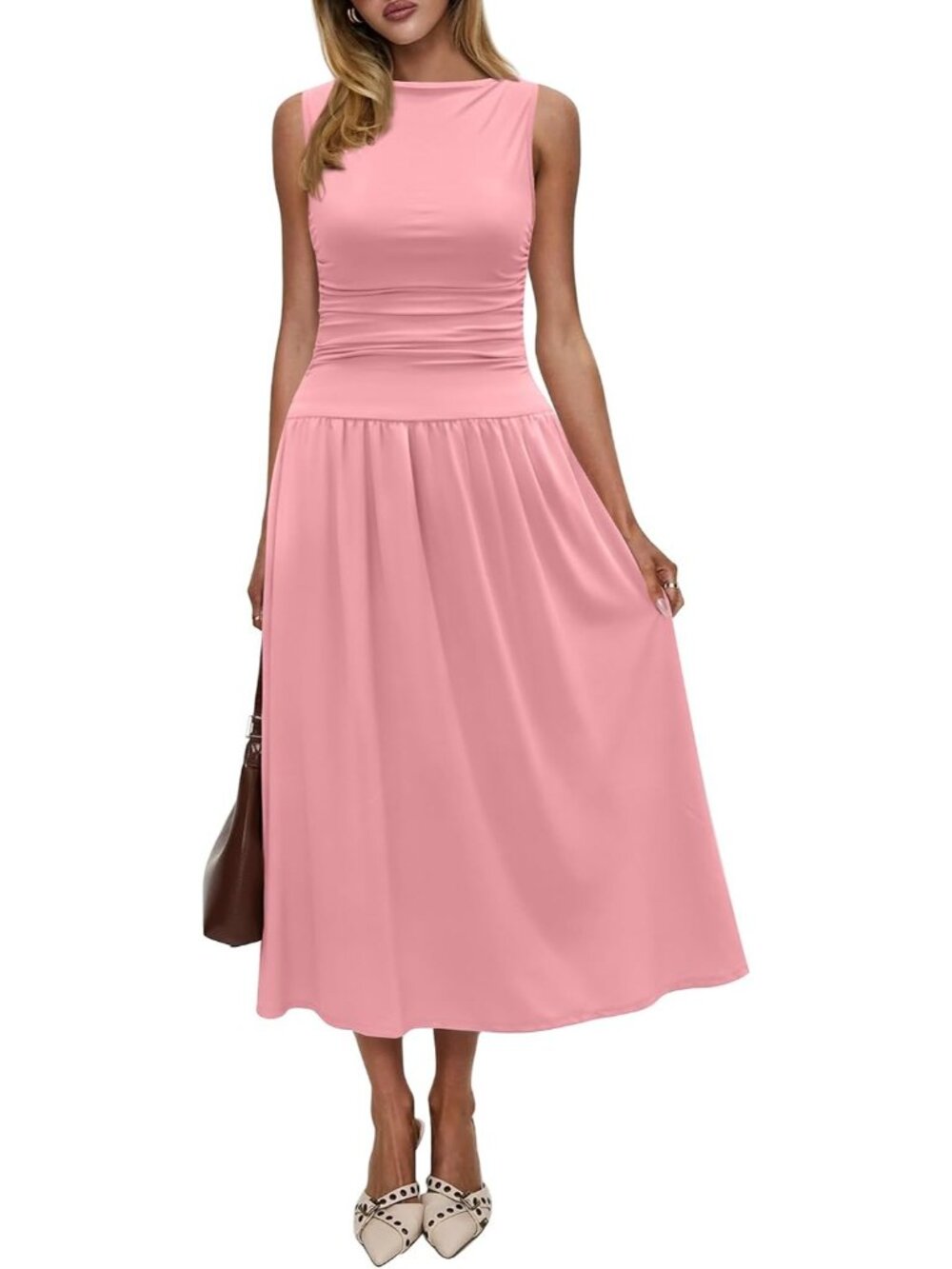 Women's Pink Summer High Neck Drop Waist Formal Wedding Guest Long Maxi Dresses